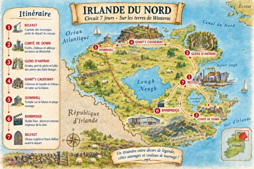 Carte illustrée de l'itinéraire du circuit Game of Thrones en Irlande du Nord : Belfast, Comté de Down, Glens d'Antrim, Giant's Causeway, Downhill, Banbridge