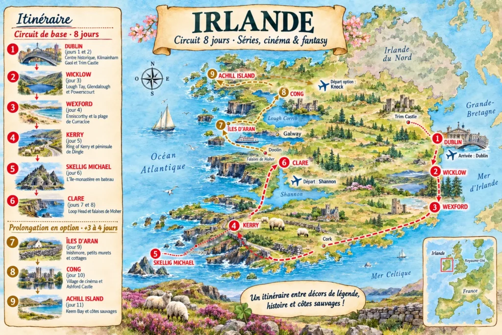 Carte illustrée de l'itinéraire du circuit Irlande Séries & Fantasy : Dublin, Trim Castle, Wicklow, Wexford, Kerry, Skellig Michael, Clare, et prolongation îles d'Aran, Cong, Achill Island