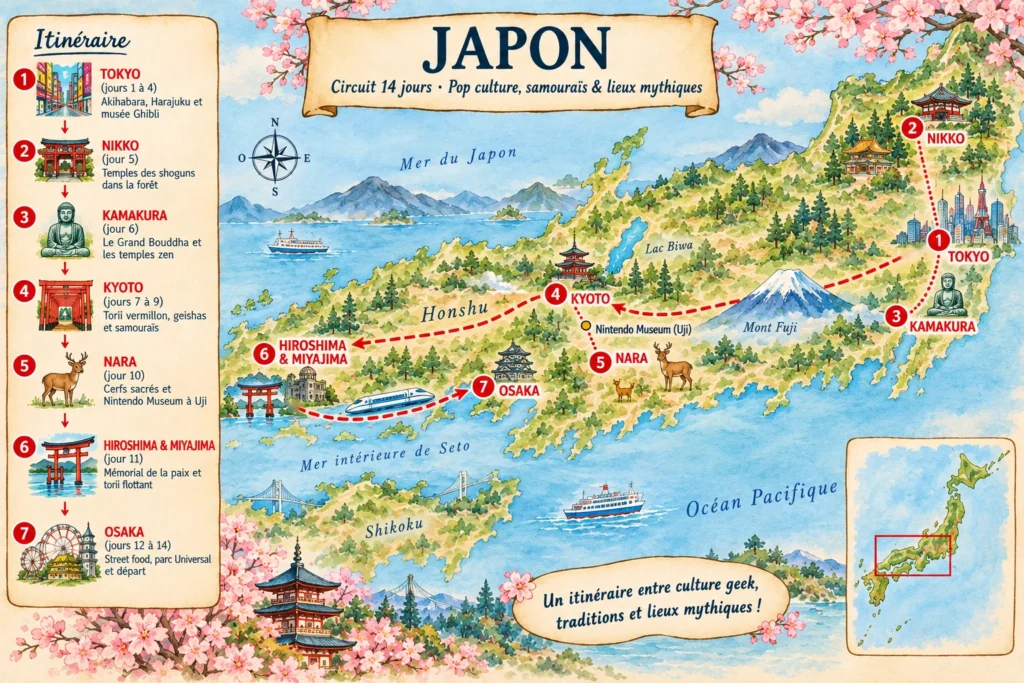 Carte illustrée de l'itinéraire du circuit Japon 14 jours : Tokyo, Nikko, Kamakura, Kyoto, Nara, Nintendo Museum (Uji), Hiroshima & Miyajima, Osaka