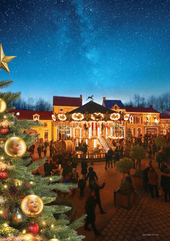 Le Puy du Fou décoré pour Noël, sous un ciel étoilé